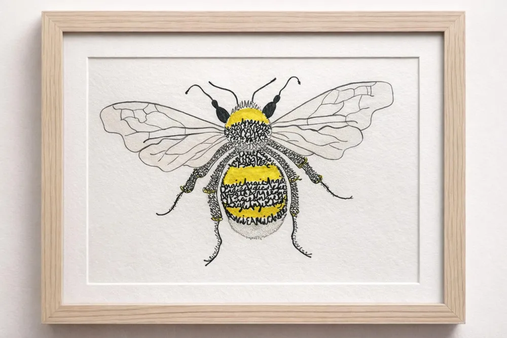 Framed bespoke bee artwork with personalised words